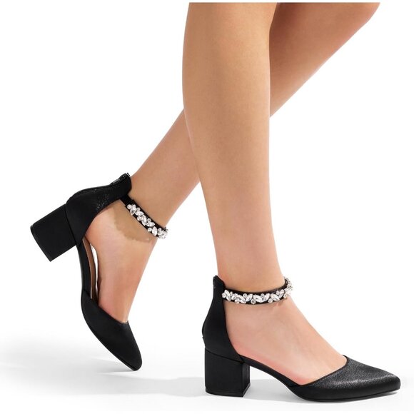 Dream Pairs Women's Black-rhinestone Closed Toe Low Block Ankle Strap Heels - Picture 5 of 8